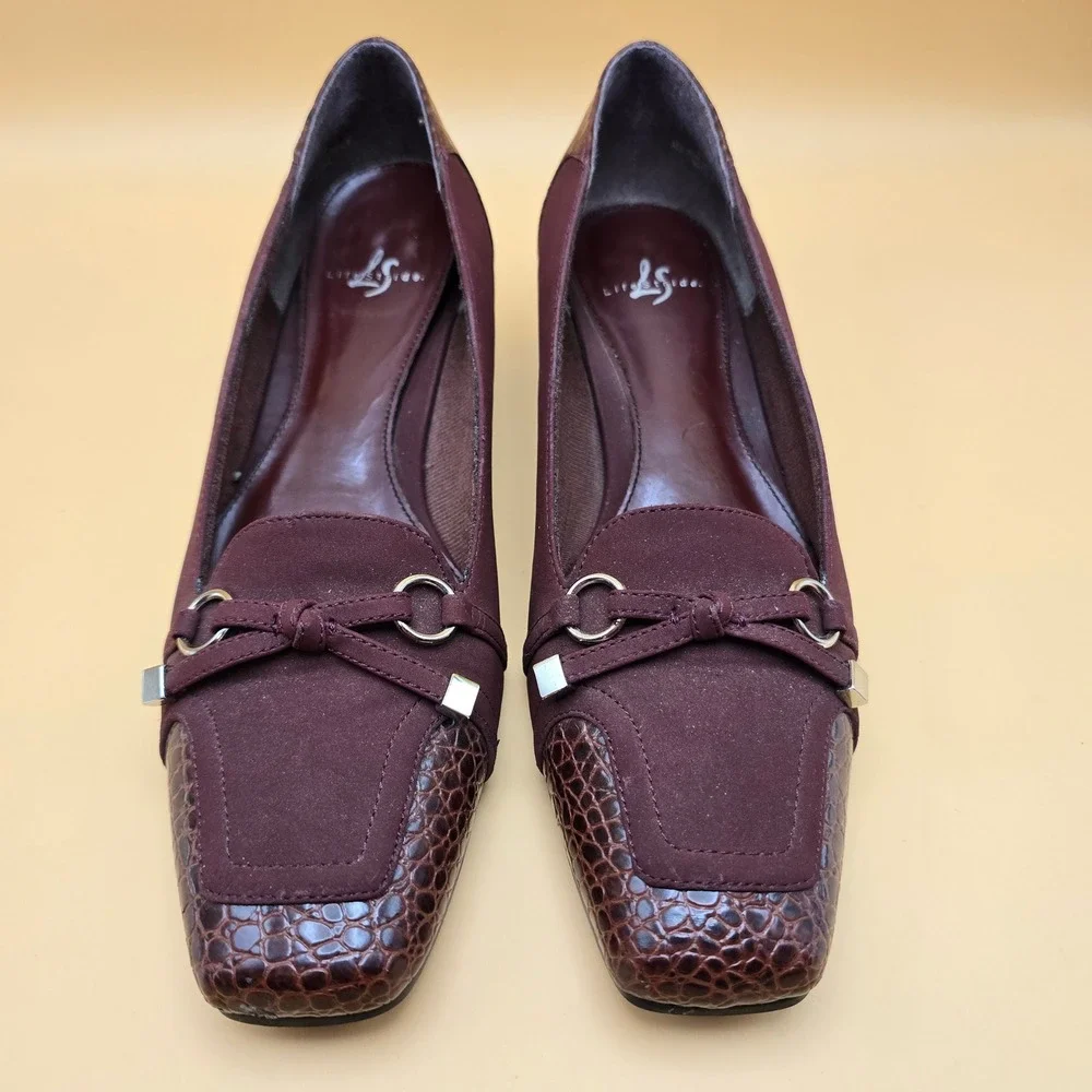 LifeStride Lure Burgundy Faux Croc Square Toe Low Block Heel Pumps Mens 8N